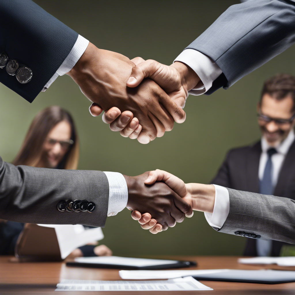 An image displaying a successful business deal between two companies. The CEOs are shaking hands with a clear, concise value proposition document on the table.